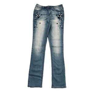 Black Daisy Kate Straight Leg Embroidered Jeans 5/27 (26x29) Blue Stretch Womens